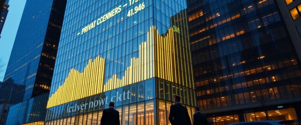 Financial district skyscraper with private credit growth charts projected on facade.