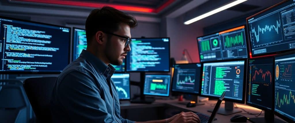 Software engineer using AI for prompt engineering with multiple monitors displaying structured prompts. Stablecoin Regulation