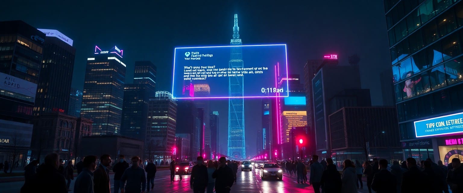 Futuristic city where holographic AI prompts float above skyscrapers.