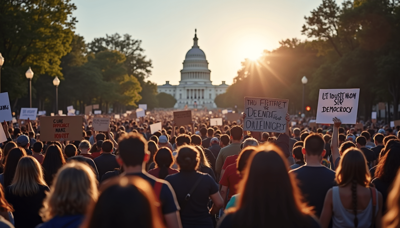 Protesters outside the US Capitol in 2025 with banners referencing Project 2025.