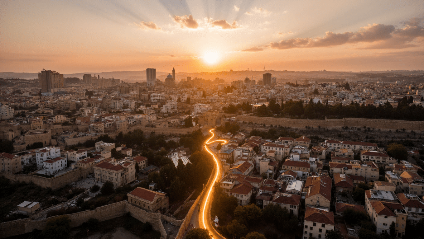 Artistic aerial view of Jerusalem divided into Israel and Palestine for two-state concept.
