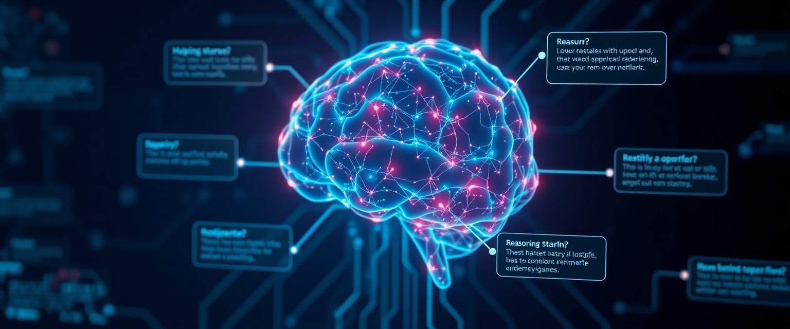 AI brain made of neural circuits processing prompts with holographic text.