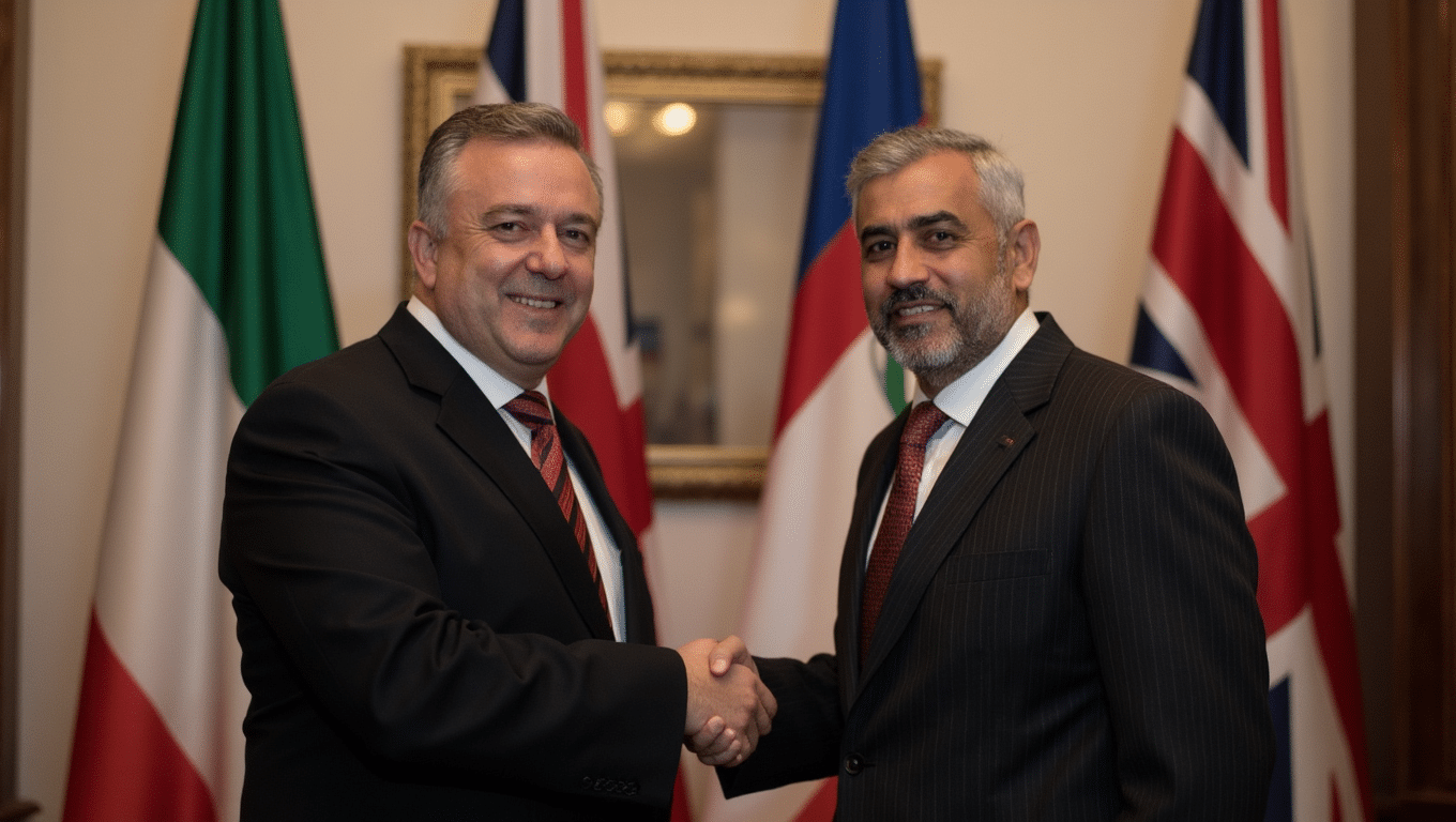 Diplomatic handshake between Western and Middle Eastern leaders with Palestinian and UK flags.