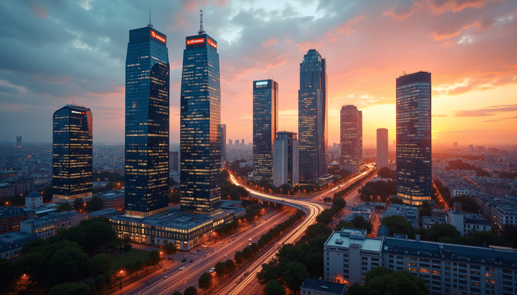 Panoramic skyline of major European banks symbolizing cross-border European bank mergers in 2025.