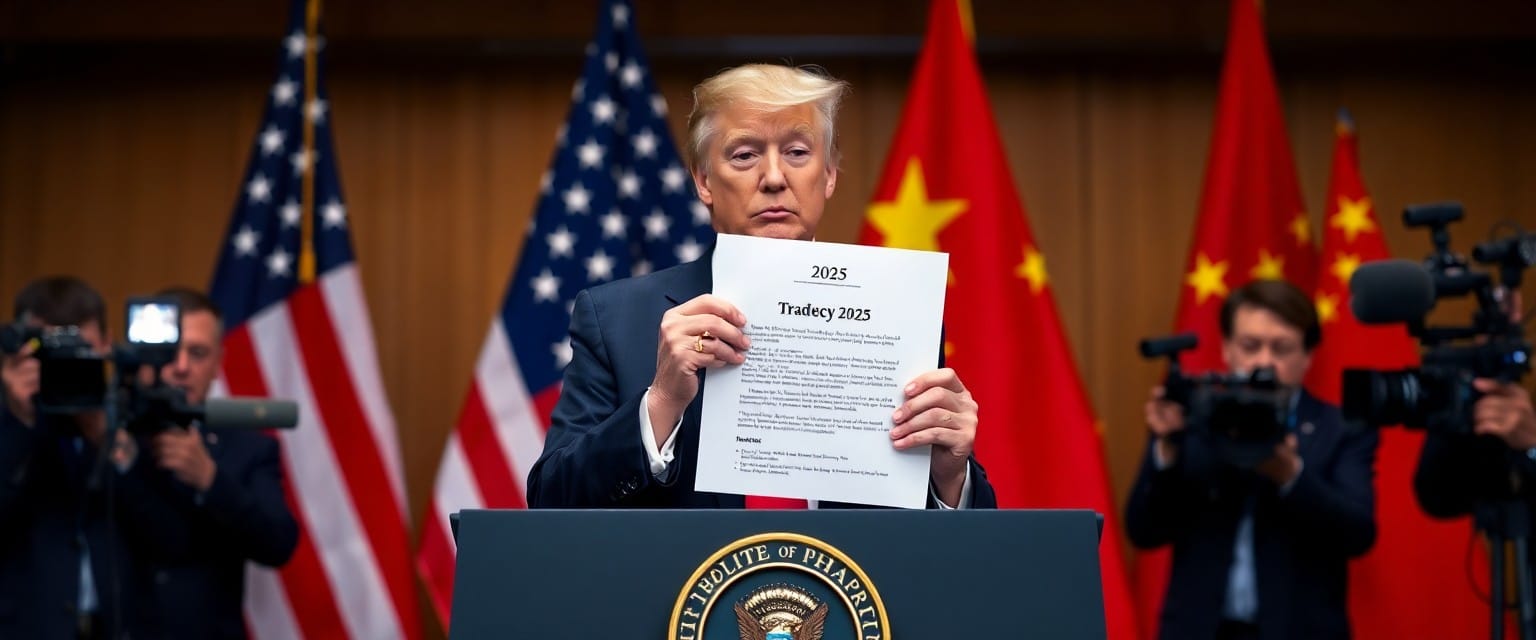 Donald Trump announces new U.S. tariffs on Chinese imports during a 2025 press conference.