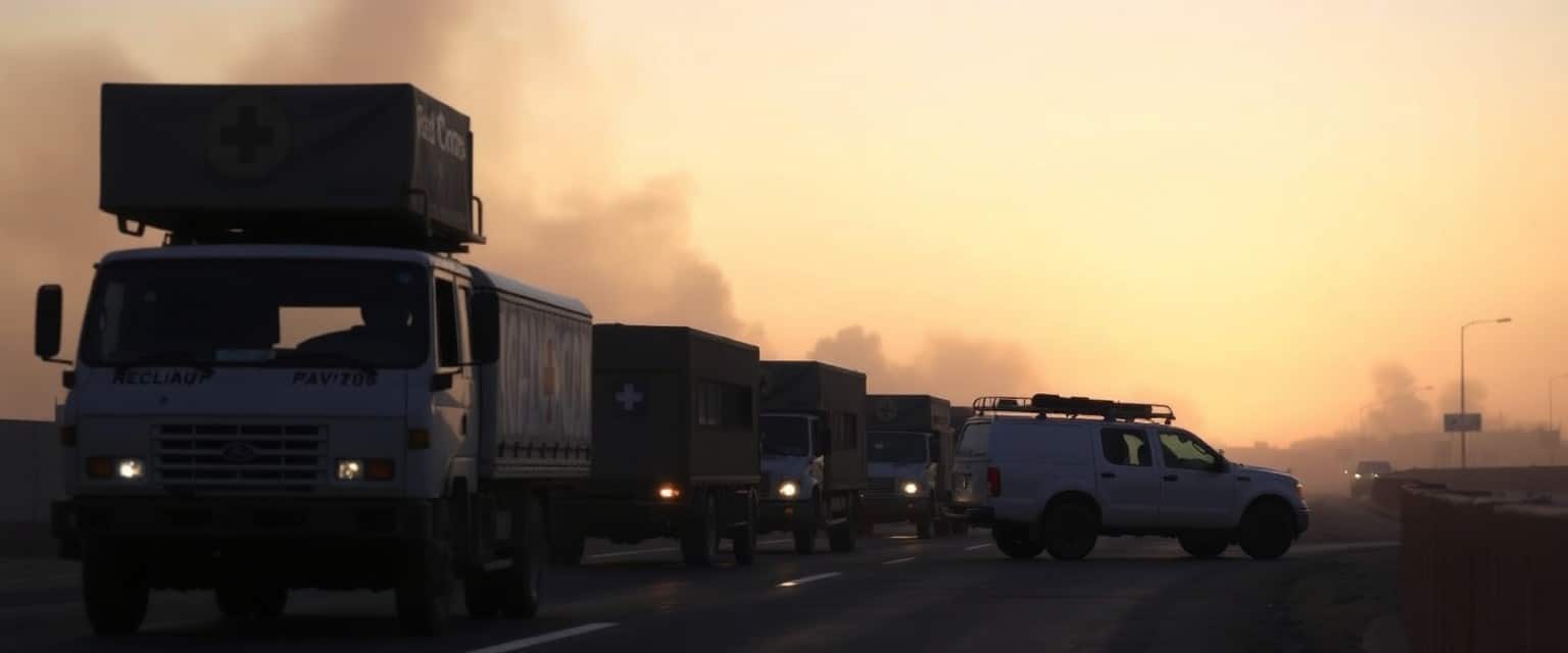 Red Cross convoy crosses Gaza border during first phase of hostage exchange under ceasefire.
