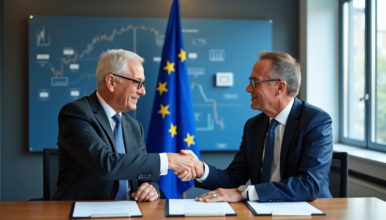 European bank executives finalize a cross-border merger agreement reflecting the 2025 consolidation trend.