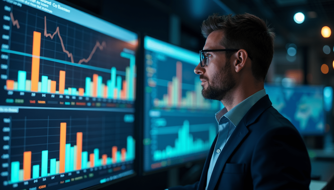 Investor analyzing bond market data and credit spreads as an economic indicator