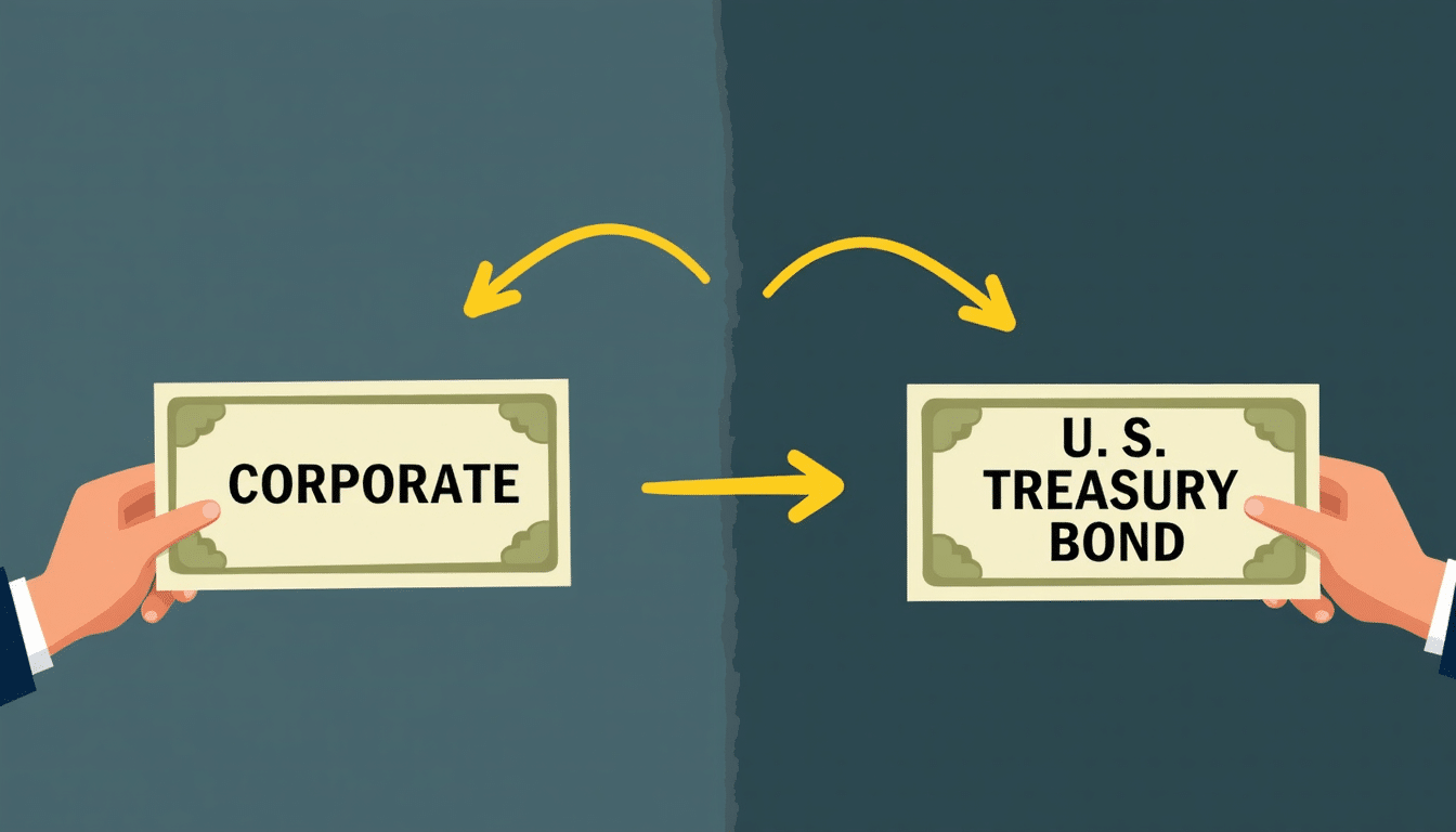 Visual explanation of credit spreads showing yield difference between corporate and Treasury bonds