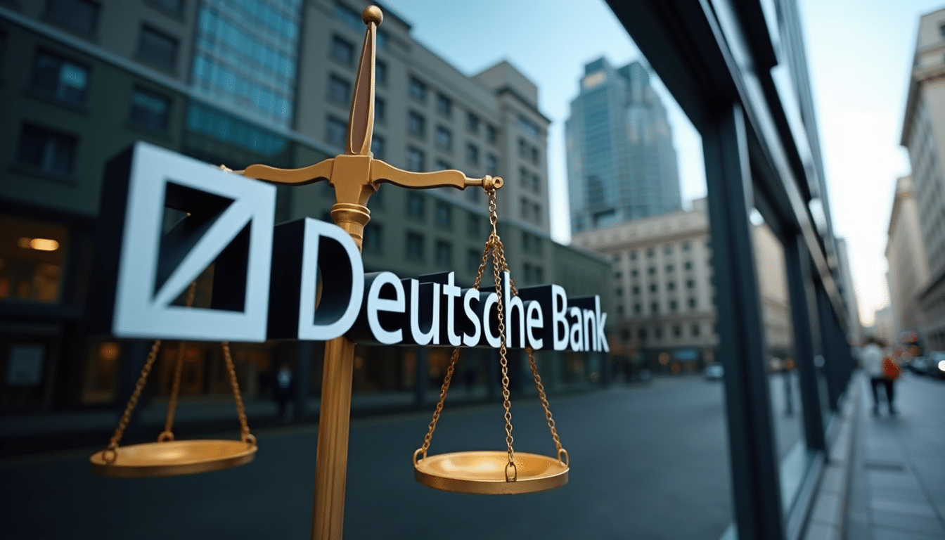 Deutsche Bank headquarters in Frankfurt depicted with justice scales, symbolizing London lawsuits filed by former executives.