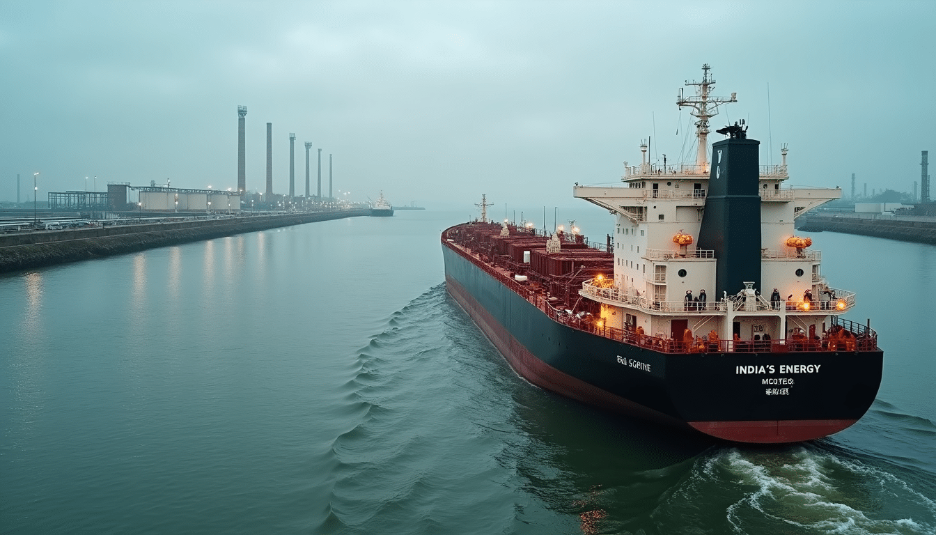 Oil tanker delivering Russian crude oil to an Indian refinery